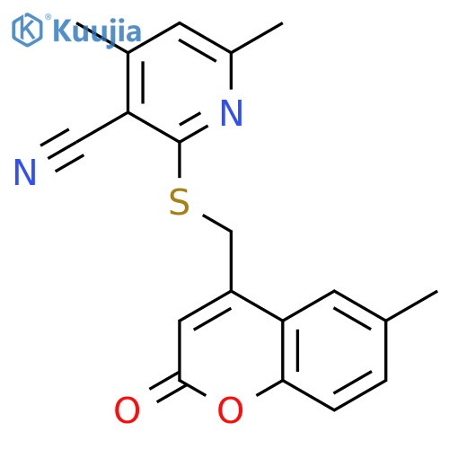 4,6-dimethyl-2-{(6-methyl-2-oxo-2H-chromen-4-yl)methylsulfanyl}pyridine-3-carbonitrile structure