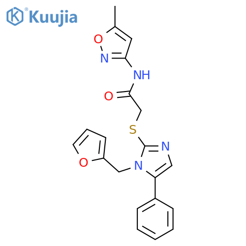 2-({1-(furan-2-yl)methyl-5-phenyl-1H-imidazol-2-yl}sulfanyl)-N-(5-methyl-1,2-oxazol-3-yl)acetamide structure