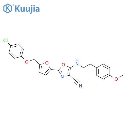 2-{5-(4-chlorophenoxy)methylfuran-2-yl}-5-{2-(4-methoxyphenyl)ethylamino}-1,3-oxazole-4-carbonitrile structure