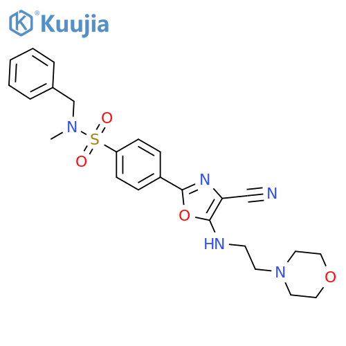 N-benzyl-4-[4-cyano-5-(2-morpholin-4-ylethylamino)-1,3-oxazol-2-yl]-N-methylbenzenesulfonamide structure