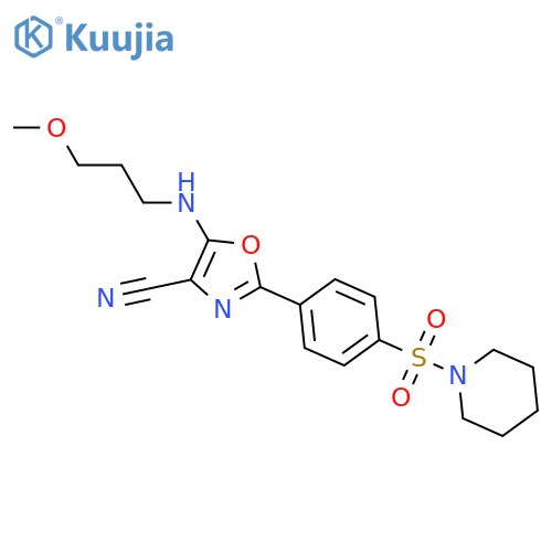 5-(3-methoxypropyl)amino-2-4-(piperidine-1-sulfonyl)phenyl-1,3-oxazole-4-carbonitrile structure