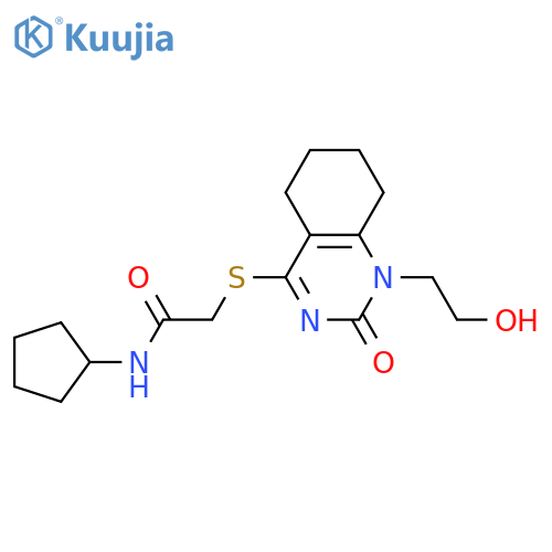 N-cyclopentyl-2-{1-(2-hydroxyethyl)-2-oxo-1,2,5,6,7,8-hexahydroquinazolin-4-ylsulfanyl}acetamide structure