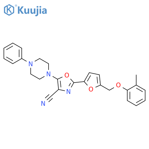 2-{5-(2-methylphenoxy)methylfuran-2-yl}-5-(4-phenylpiperazin-1-yl)-1,3-oxazole-4-carbonitrile structure
