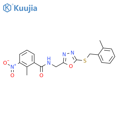 2-methyl-N-(5-{(2-methylphenyl)methylsulfanyl}-1,3,4-oxadiazol-2-yl)methyl-3-nitrobenzamide structure