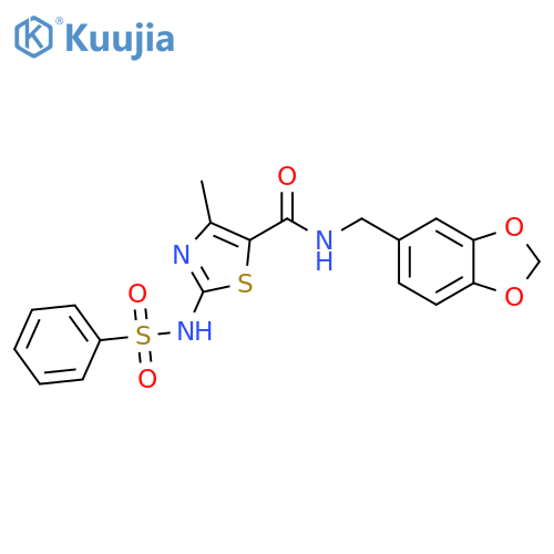 2-benzenesulfonamido-N-(2H-1,3-benzodioxol-5-yl)methyl-4-methyl-1,3-thiazole-5-carboxamide structure
