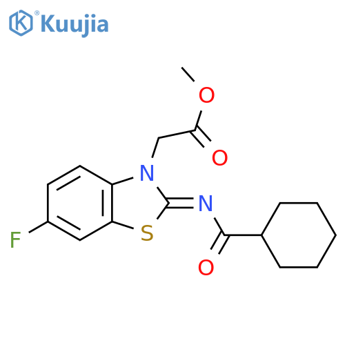 methyl 2-(2Z)-2-(cyclohexanecarbonylimino)-6-fluoro-2,3-dihydro-1,3-benzothiazol-3-ylacetate structure