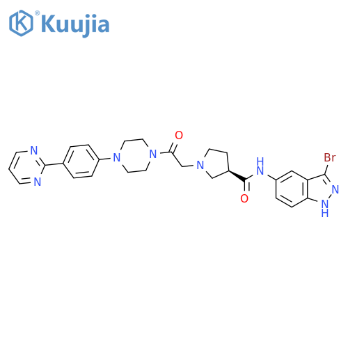 3-Pyrrolidinecarboxamide, N-(3-bromo-1H-indazol-5-yl)-1-[2-oxo-2-[4-[4-(2-pyrimidinyl)phenyl]-1-piperazinyl]ethyl]-, (3R)- structure