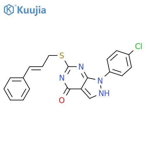 1-(4-chlorophenyl)-6-{(2E)-3-phenylprop-2-en-1-ylsulfanyl}-1H,4H,5H-pyrazolo3,4-dpyrimidin-4-one structure