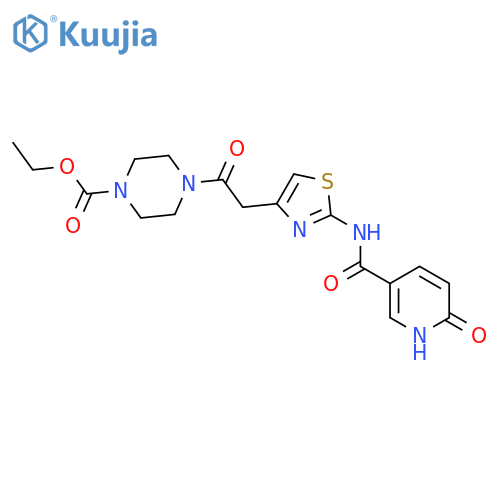 ethyl 4-{2-2-(6-oxo-1,6-dihydropyridine-3-amido)-1,3-thiazol-4-ylacetyl}piperazine-1-carboxylate structure