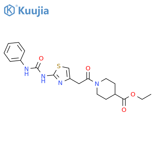 ethyl 1-(2-{2-(phenylcarbamoyl)amino-1,3-thiazol-4-yl}acetyl)piperidine-4-carboxylate structure