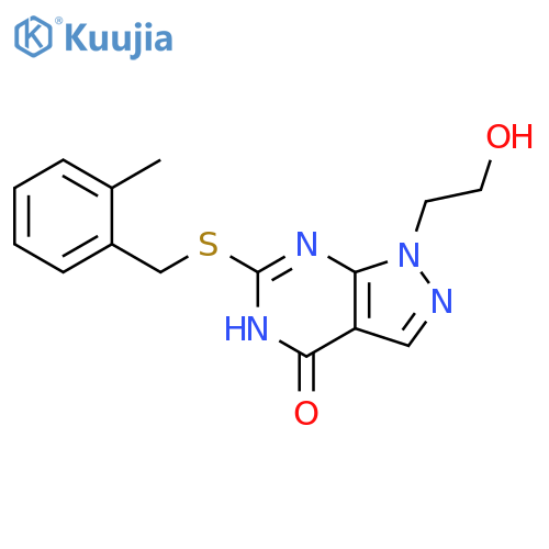 1-(2-hydroxyethyl)-6-{(2-methylphenyl)methylsulfanyl}-1H,4H,5H-pyrazolo3,4-dpyrimidin-4-one structure