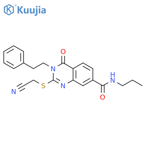 2-(cyanomethyl)sulfanyl-4-oxo-3-(2-phenylethyl)-N-propyl-3,4-dihydroquinazoline-7-carboxamide structure