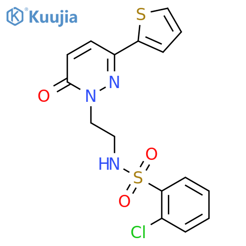2-chloro-N-{2-6-oxo-3-(thiophen-2-yl)-1,6-dihydropyridazin-1-ylethyl}benzene-1-sulfonamide structure