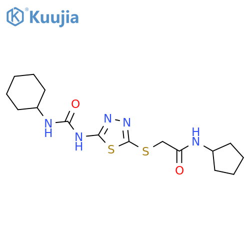 2-({5-(cyclohexylcarbamoyl)amino-1,3,4-thiadiazol-2-yl}sulfanyl)-N-cyclopentylacetamide structure