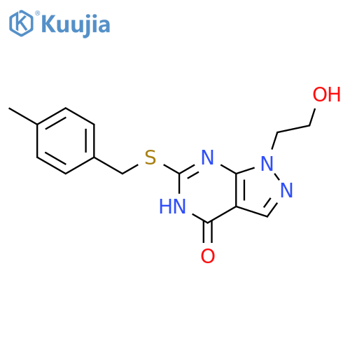 1-(2-hydroxyethyl)-6-{(4-methylphenyl)methylsulfanyl}-1H,4H,5H-pyrazolo3,4-dpyrimidin-4-one structure