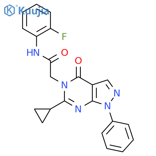 2-{6-cyclopropyl-4-oxo-1-phenyl-1H,4H,5H-pyrazolo3,4-dpyrimidin-5-yl}-N-(2-fluorophenyl)acetamide structure