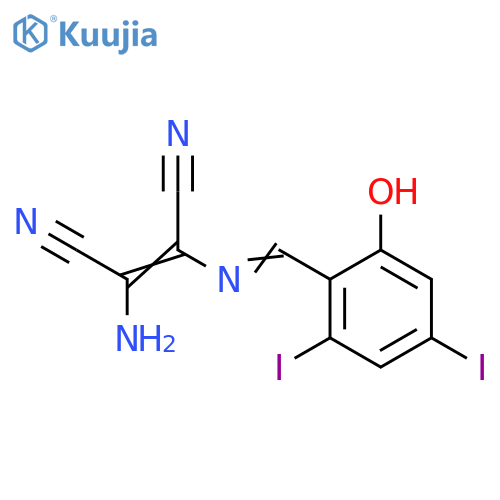 2-amino-3-{[(2-hydroxy-4,6-diiodophenyl)methylidene]amino}but-2-enedinitrile structure