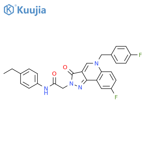 N-(4-ethylphenyl)-2-{8-fluoro-5-(4-fluorophenyl)methyl-3-oxo-2H,3H,5H-pyrazolo4,3-cquinolin-2-yl}acetamide structure