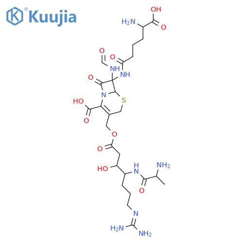5-Thia-1-azabicyclo[4.2.0]oct-2-ene-2-carboxylicacid,7-[[(5R)-5-amino-5-carboxy-1-oxopentyl]amino]-3-[[[(3R,4S)-7-[(aminoiminomethyl)amino]-4-[[(2S)-2-amino-1-oxopropyl]amino]-3-hydroxy-1-oxoheptyl]oxy]methyl]-7-(formylamino)-8-oxo-,(6R,7R)- (9CI) structure