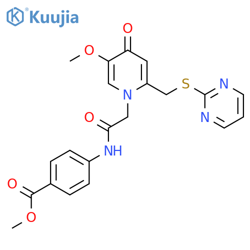 methyl 4-(2-(5-methoxy-4-oxo-2-((pyrimidin-2-ylthio)methyl)pyridin-1(4H)-yl)acetamido)benzoate structure