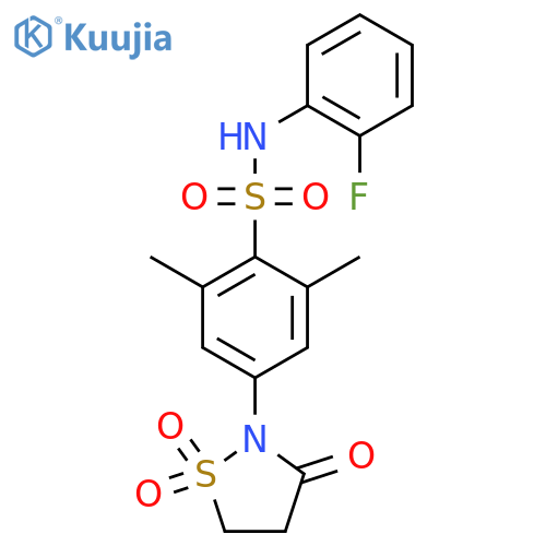 N-(2-fluorophenyl)-2,6-dimethyl-4-(1,1,3-trioxo-1lambda6,2-thiazolidin-2-yl)benzene-1-sulfonamide structure