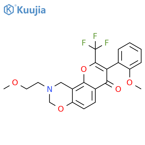 9-(2-methoxyethyl)-3-(2-methoxyphenyl)-2-(trifluoromethyl)-4H,8H,9H,10H-chromeno8,7-e1,3oxazin-4-one structure
