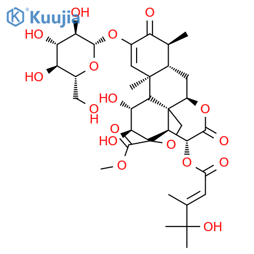 methyl (11beta,12alpha,13xi,15beta)-2-(beta-D-glucopyranosyloxy)-11,12-dihydroxy-15-{[(2E)-4-hydroxy-3,4-dimethylpent-2-enoyl]oxy}-3,16-dioxo-13,20-epoxypicras-1-en-21-oate structure
