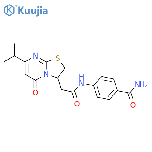 4-{2-5-oxo-7-(propan-2-yl)-2H,3H,5H-1,3thiazolo3,2-apyrimidin-3-ylacetamido}benzamide structure