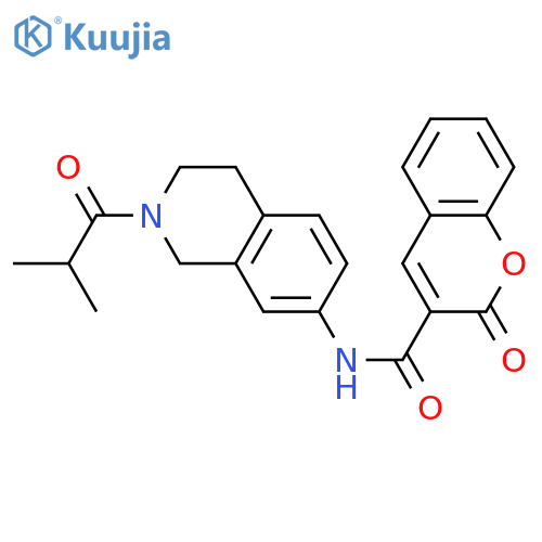 N-2-(2-methylpropanoyl)-1,2,3,4-tetrahydroisoquinolin-7-yl-2-oxo-2H-chromene-3-carboxamide structure