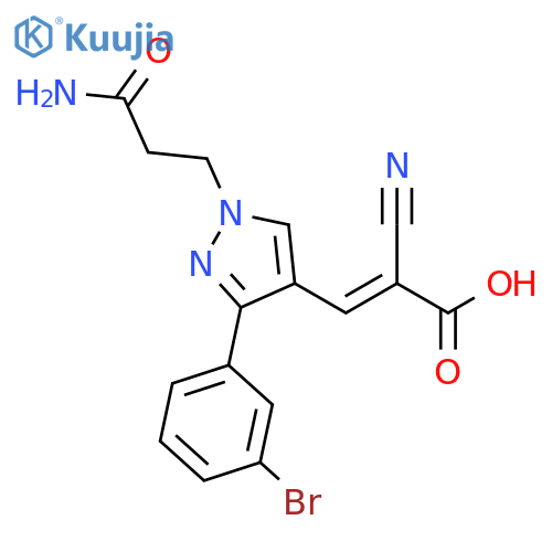 3-3-(3-bromophenyl)-1-(2-carbamoylethyl)-1H-pyrazol-4-yl-2-cyanoprop-2-enoic acid structure