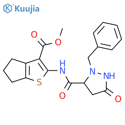 methyl 2-(2-benzyl-5-oxopyrazolidine-3-amido)-4H,5H,6H-cyclopentabthiophene-3-carboxylate structure