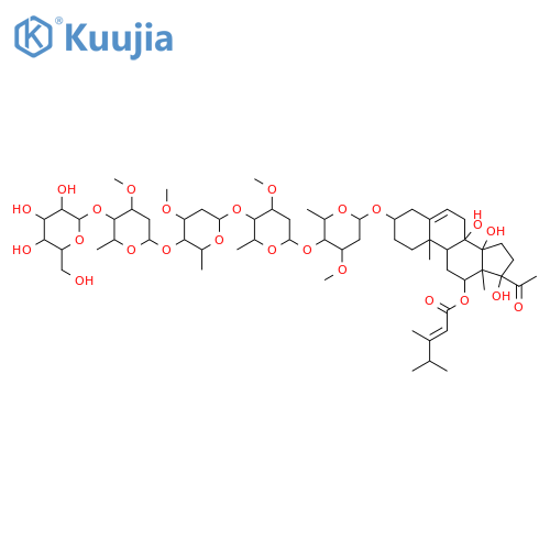Pregn-5-en-20-one, 12-[[(2E)-3,4-dimethyl-1-oxo-2-penten-1-yl]oxy]-3-[(O-β-D-glucopyranosyl-(1→4)-O-2,6-dideoxy-3-O-methyl-α-L-ribo-hexopyranosyl-(1→4)-O-2,6-dideoxy-3-O-methyl-β-D-ribo-hexopyranosyl-(1→4)-O-2,6-dideoxy-3-O-methyl-α-L-lyxo-hexopyranosyl-(1→4)-2,6-dideoxy-3-O-methyl-β-D-ribo-hexopyra... structure