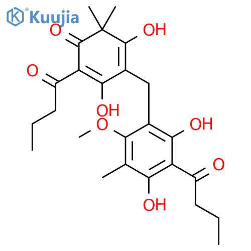 2-butanoyl-4-(3-butanoyl-2,4-dihydroxy-6-methoxy-5-methylbenzyl)-3,5-dihydroxy-6,6-dimethylcyclohexa-2,4-dien-1-one structure