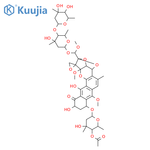 2-[{[2,6-dideoxy-4-O-(2,6-dideoxy-3-C-methylhexopyranosyl)-3-C-methylhexopyranosyl]oxy}(methoxy)methyl]-10,12-dihydroxy-7,13a-dimethoxy-5-methyl-11-oxo-3a,8,9,10,11,13a-hexahydro-4H-spiro[2,4-epoxyfuro[3,2-b]naphtho[2,3-h]chromene-1,2'-oxiran]-8-yl 4-O-ac structure